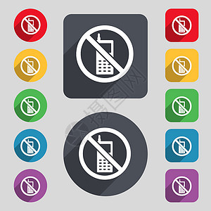 禁止使用移动电话图标符号 一组由12个彩色按钮和长阴影组成 平面设计 矢量图片