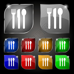 叉 刀 勺图标符号 套装有色调的10个多彩按钮 矢量图片
