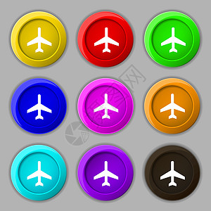 图标符号 九圆色按钮上的符号值 矢量乘客商业旅行挡泥板空气运输飞机手提箱行李护照图片