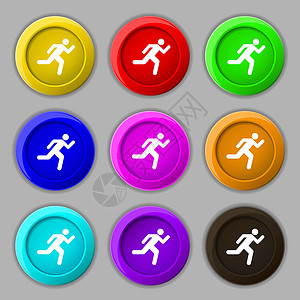 正在运行 man 图标符号 9 圆色按钮上的符号 矢量跑步走路民众成功插图竞赛运动员男性训练交通图片