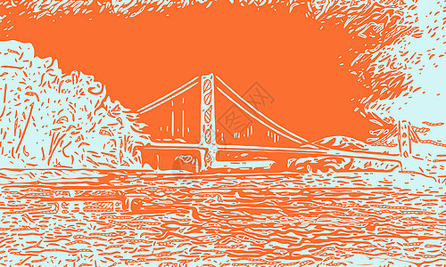 画有橙色背景的金门桥图片