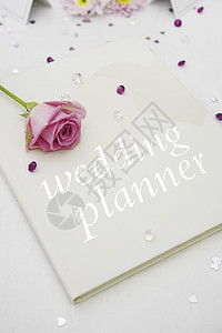 上面印着粉红玫瑰的婚订结婚簿白布婚礼婚姻策划师结婚日桌布婚书钻石白色玫瑰图片