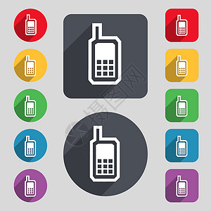 移动电话图标符号 由 12 个彩色按钮和长阴影组成 平坦的设计 矢量图片