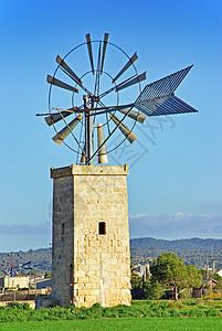 Majorca的风车力量旅行建筑学机器乡村旋转地标蓝色灌溉车轮图片