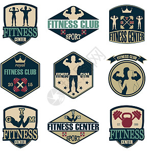 健身健身运动图标标识重量杠铃培训师身体男人标签徽章锻炼邮票图片