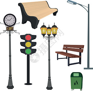 城市物体 - 垃圾箱 灯柱 营业时间 交通灯 长凳图片