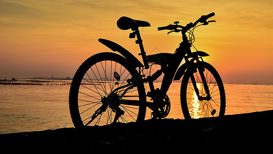 山地自行车停在海边有阳光的海面锻炼季节海洋享受农村行动车轮活动运动乐趣图片