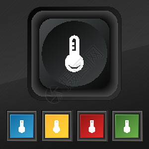温度计 温度图标符号 为您的设计设置黑色纹理上的五个色彩缤纷 时尚的按钮 向量图片