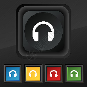 标题图标符号 在用于设计设计的黑色纹理上设置五个彩色 时髦的按钮 矢量中心男人商业销售量耳机求助麦克风操作员助手服务图片