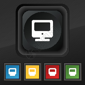 图标显示器符号 在用于设计的黑色纹理上设置五个彩色 时髦的按钮 矢量框架金属商业互联网网络监视器屏幕监控工作办公室图片