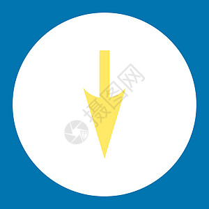 尖锐向下箭头平淡黄色和白颜色圆环按钮血统运动蓝色图标字形指针光标经济衰退箭头轴白色图片