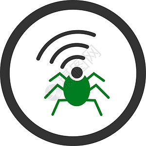 无线电间谍虫虫平面绿色和灰色双向矢量图标间谍上网蓝牙收音机匿名昆虫天线安全圆形字形图片
