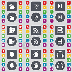 天气 足球 媒体跳过 负片 RSS SIM 卡 通知 苹果 耳机图标符号 一大套平面彩色按钮 适合您的设计 向量图片