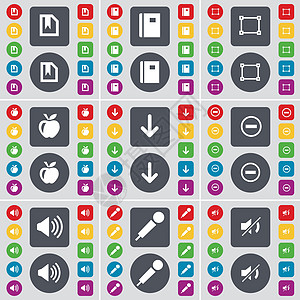 文件 笔记本 框架 苹果 向下箭头 减号 声音 麦克风 静音图标符号 一大套平面彩色按钮 适合您的设计 向量图片