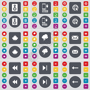 扬声器 智能手机 Web 光标 枫叶 闪电 消息 倒带 媒体跳过 箭头左图标符号 一大套平面彩色按钮 适合您的设计 向量图片