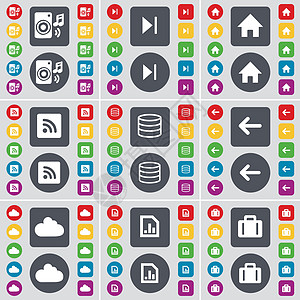 扬声器 媒体跳过 房屋 RSS 数据库 向左箭头 云 Di 图标符号 一大套平面彩色按钮 适合您的设计 向量图片