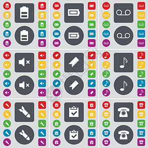 电池 盒式磁带 静音 标记 笔记 火箭 调查 复古电话图标符号 一大套平面彩色按钮 适合您的设计 向量图片