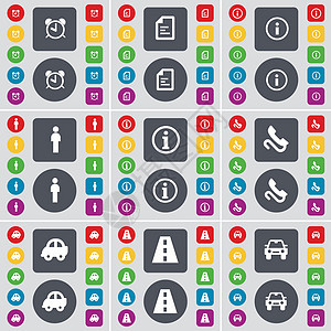 闹钟 文本文件 信息 轮廓 接收器 汽车 道路图标符号 一大套平面彩色按钮 适合您的设计 向量图片