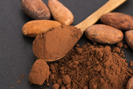 可可豆和勺中可可粉扁豆糖果食欲烹饪巧克力植物种子食物美味厨房图片