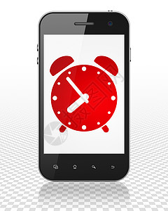 时间轴概念智能手机与闹钟上显示日程屏幕黑色细胞警报工具红色手表触摸屏正方形图片