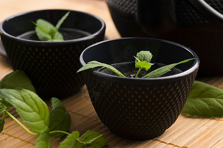 薄茶杯子草本植物茶点草本药品饮食玻璃茶碗绿色香气图片