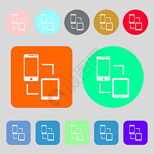 同步标志图标 传播者同步符号 数据交换 12 个彩色按钮 平面设计 向量笔记本徽章技术标签手机海豹插图质量令牌电话图片