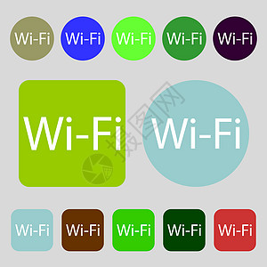 免费 wifi 上网标志 无线网络符号 无线网络图标 12 个彩色按钮 平面设计 向量图片