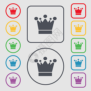 Crown 图标符号 圆形和带框架的平方按钮上的符号 矢量图片