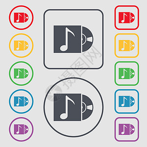 cd 玩家图标符号 圆形上的符号和带框架的平方按钮 矢量图片