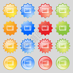 微波炉标志图标 厨房电炉符号 大套16个彩色现代按钮 用于设计 矢量图片