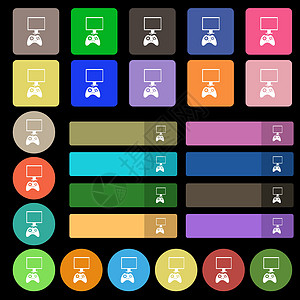 操纵杆和监视器标志图标 视频游戏符号 由二十七个彩色平面按钮组成 向量创造力令牌徽章社会海豹竞赛插图盒子质量邮票图片