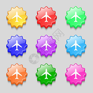 飞机标志 平面符号 旅行图标 飞行平面标签 九个彩色波浪按钮上的符号 向量图片