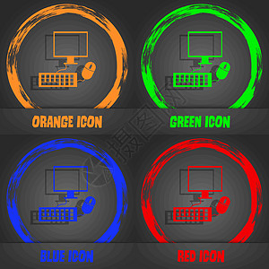 计算机宽屏显示器 键盘 鼠标标志图标 时尚的现代风格 在橙色 绿色 蓝色 红色设计中 向量图片