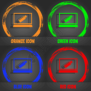 USB 闪存驱动器和监视器标志图标 视频游戏符号 时尚的现代风格 在橙色 绿色 蓝色 红色设计中 向量按钮圆圈竞赛社会令牌邮票控图片