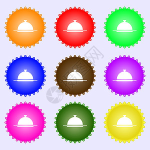 食品盘 提供标志图标 餐饮符号中的表格设置 一组九种不同颜色的标签 矢量图片