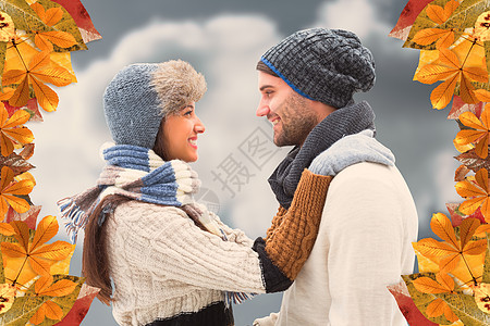 年轻冬季夫妇的复合形象男性混血天空男朋友计算机情怀橙子帽子绘图快乐图片