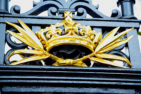 在英格兰的隆登 旧金属大门皇宫堡垒金子雕塑旅游入口版税纪念碑街道历史性旅行背景图片