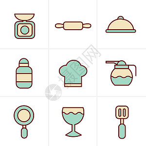 烹饪食品和厨房大纲图标集收藏茶壶摩卡摇床杯子帽子咖啡用具盘子胡椒图片
