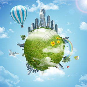 拥有现代城市和鲜花的地球天空气球喷射蓝色绿色花朵彩虹建筑背景图片