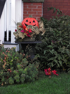 秋季装饰季节性季节住宅门廊风格微笑南瓜感恩院子房子高清图片