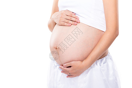 孕妇的肚子工作室母性母亲丝带白色怀孕女孩成人女性身体图片