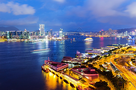 香港市晚上商业城市建筑景观办公室天际市中心高楼港口风景图片