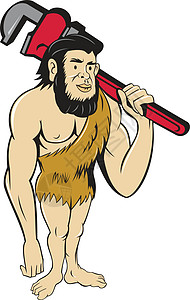 尼安德特洞穴人 木材工人和猴子时代工具卡通片扳手艺术品工业智人石器插图活动背景图片