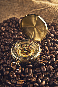 咖啡豆和罗盘麻布帆布黄麻农业烘焙勘探豆子咖啡食物棕色图片