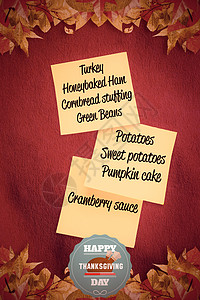 感恩节红色背景海报快乐感恩节的复合图像桌子叶子木头笔记树叶问候语红色橙子火鸡背景