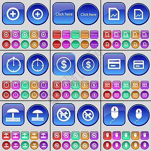 另外 这里的时钟 图表 秒表 美元 信用卡 雨伞 禁止携带宠物 鼠标 一大套多色按钮 向量图片