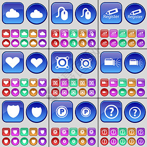 云 鼠标 寄存器 心脏 扬声器 手电筒 徽章 停车位 问号 一大套多色按钮 向量图片