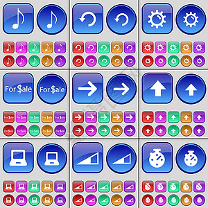 注意 重新加载 齿轮 待售 向右箭头 向上箭头 笔记本电脑 音量 秒表 一大套多色按钮 向量图片