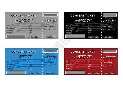 门票一套配有音乐笔记的彩色音乐会票插画