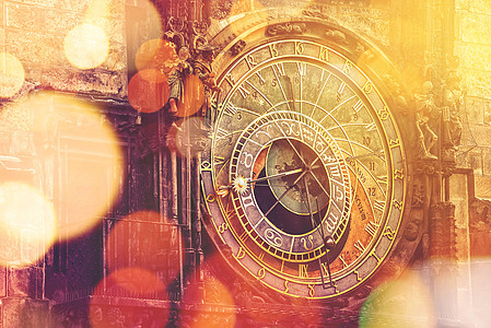 布拉格古城广场的天文钟时钟时间十二生肖旅游阳光天文学文化观光背景调子图片